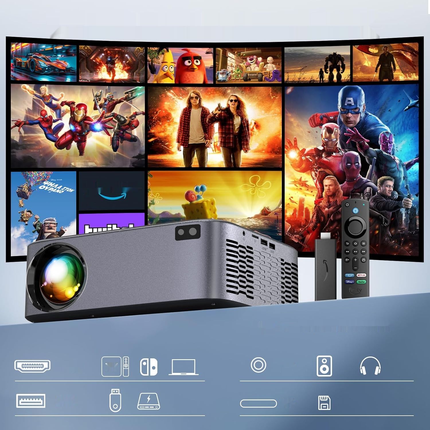 Projektor 26000L 4K, 5G WiFi Bluetooth, Zoom 50%, 300&quot; Retro Kino Domowe.