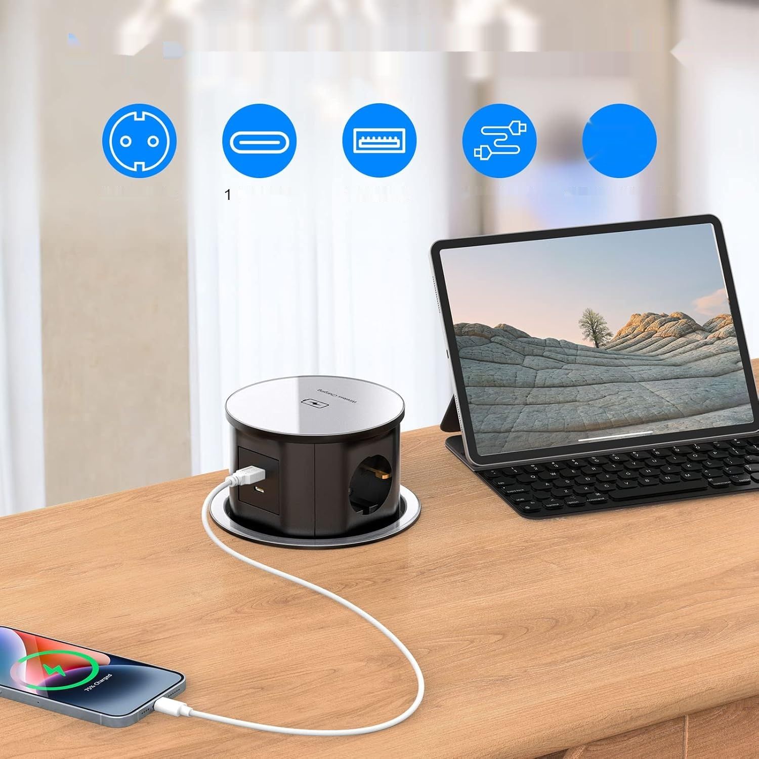 Gniazdo Ohuo USB C 15W: trójfazowe, ładowanie bezprzewodowe, USB, 120 mm.
