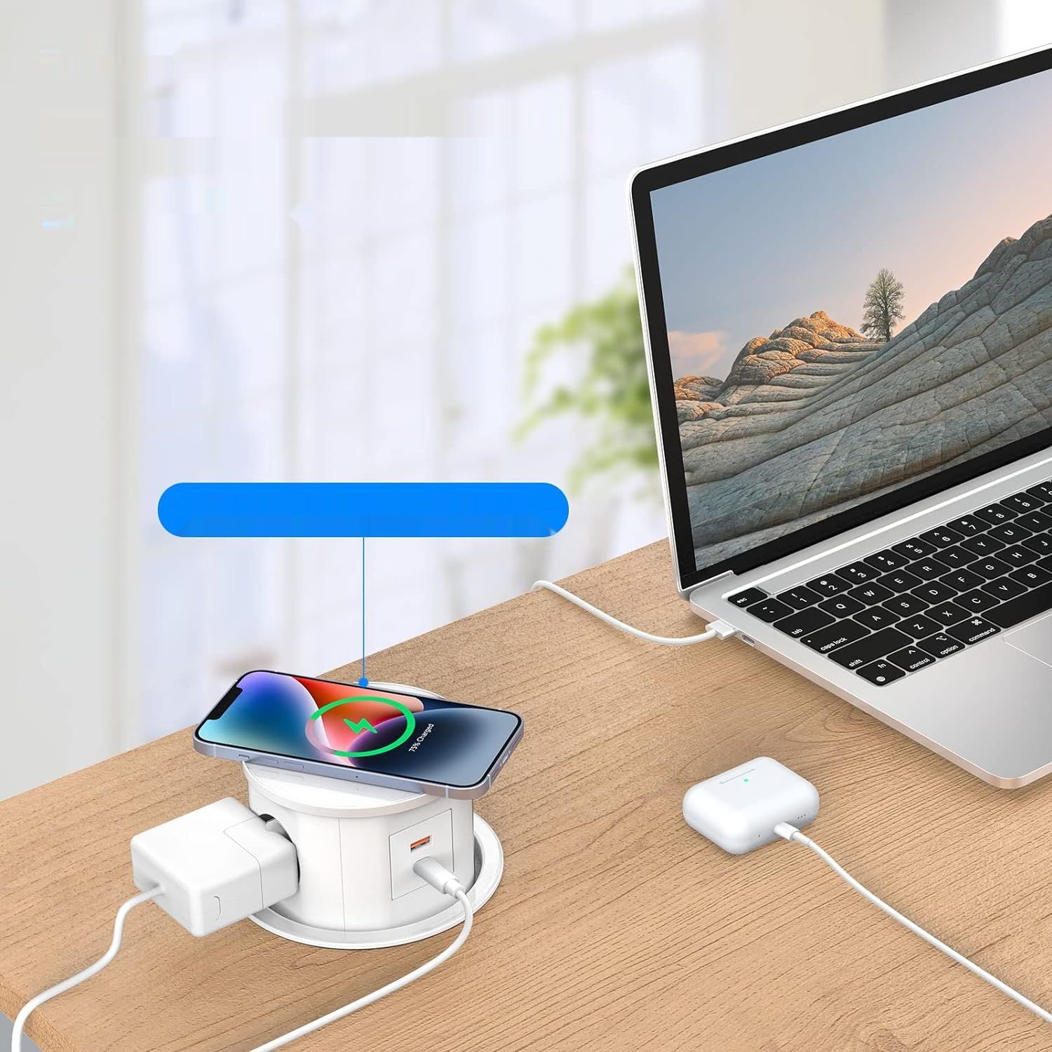 Gniazdo Ohuo z USB C 20W i ładowarką 15W, kabel 2M, Biały