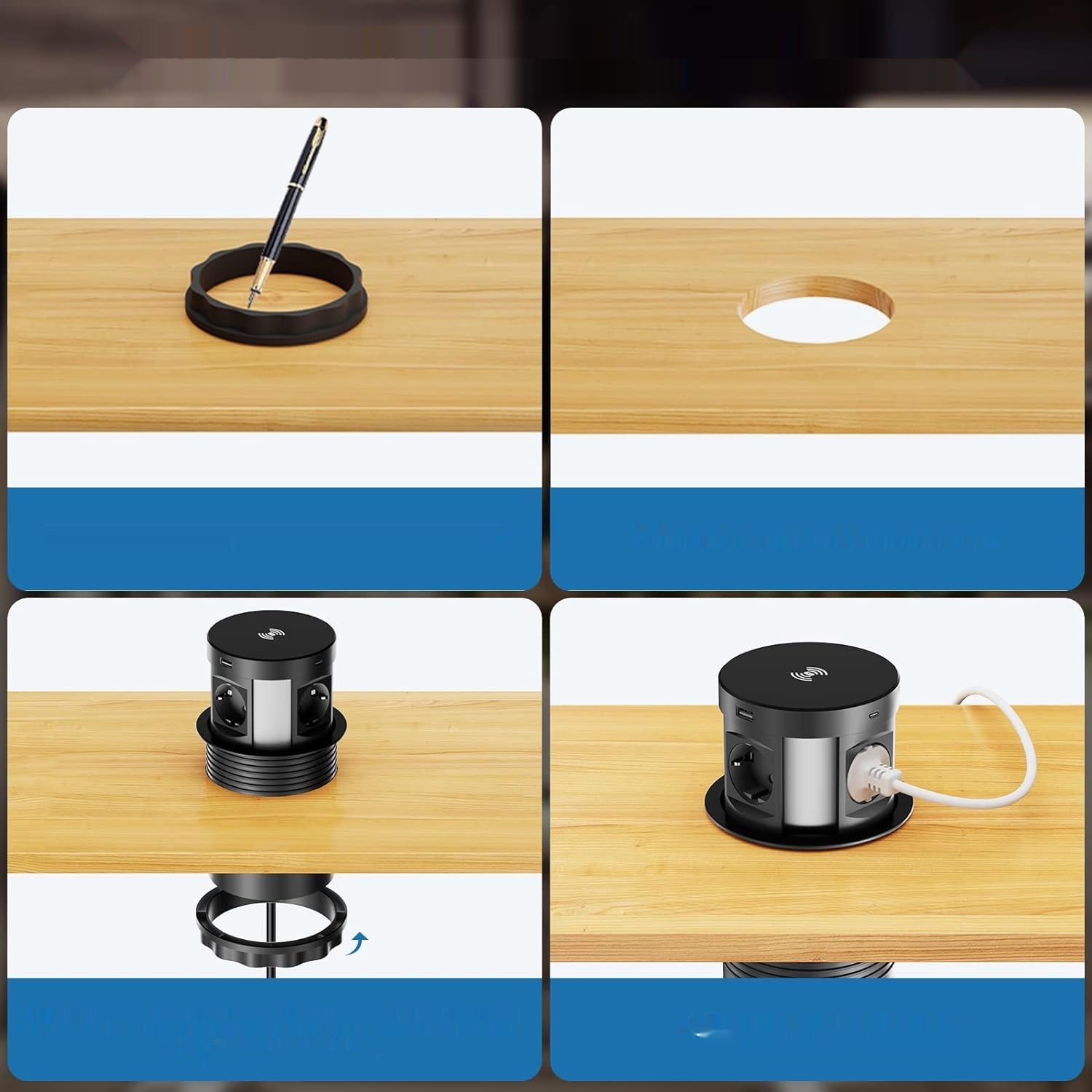 Wysuwane Gniazdo 4 z USB-C i USB-A, czarny, ładowarka, kabel 1.8m