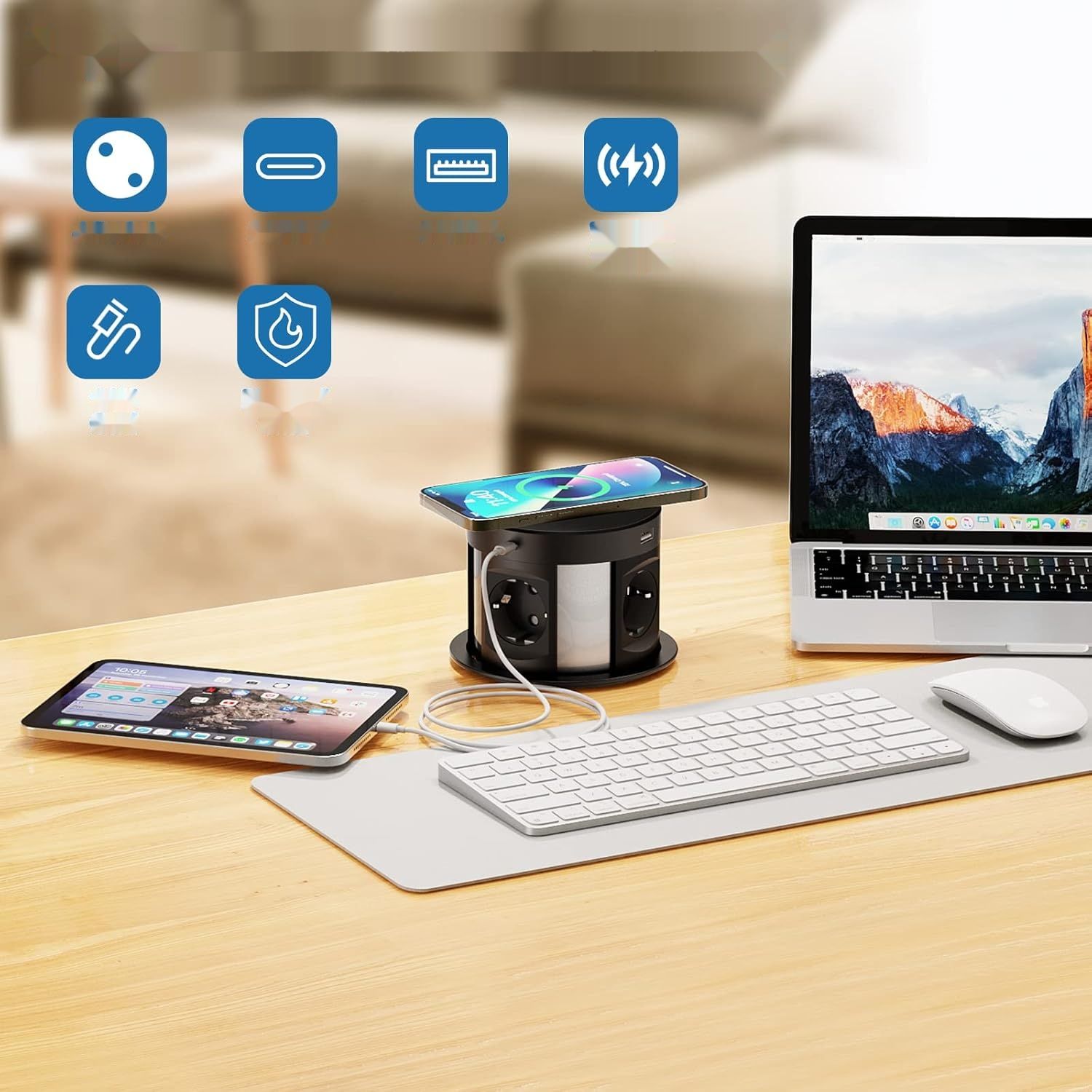 Wysuwane Gniazdo 4 z USB-C i USB-A, czarny, ładowarka, kabel 1.8m