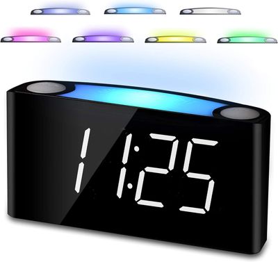 Cyfrowy budzik LED, 7-kolorowe światło, 2 porty USB, drzemka.