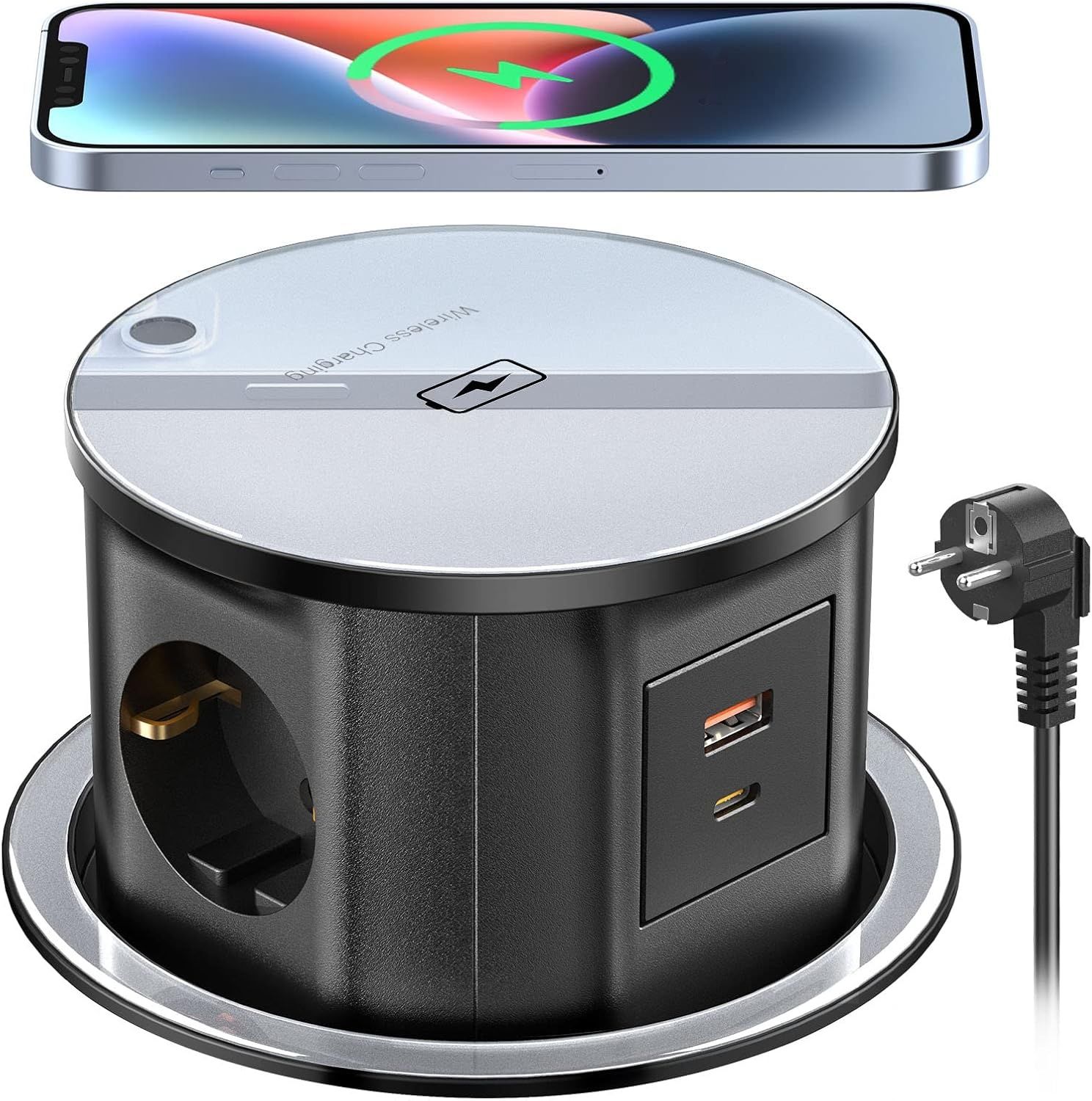 Gniazdo Ohuo USB C 15W: trójfazowe, ładowanie bezprzewodowe, USB, 120 mm.