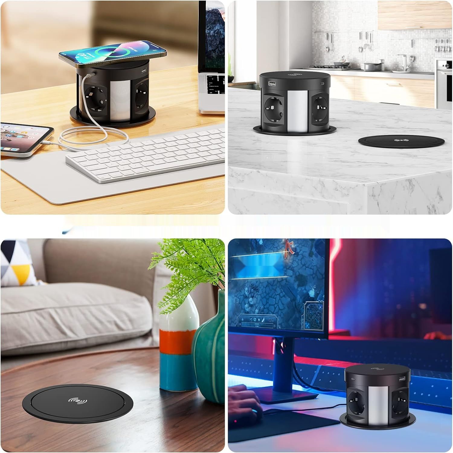 Wysuwane Gniazdo 4 z USB-C i USB-A, czarny, ładowarka, kabel 1.8m