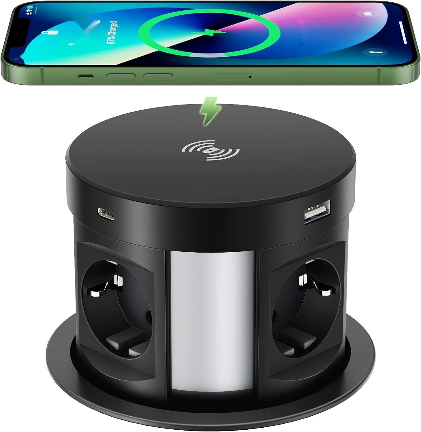 Wysuwane Gniazdo 4 z USB-C i USB-A, czarny, ładowarka, kabel 1.8m