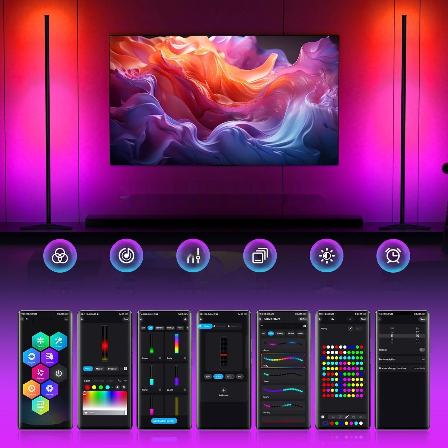 Lampa MIWATT LED 143 cm, RGB, z pilotem i aplikacją, ściemniana.
