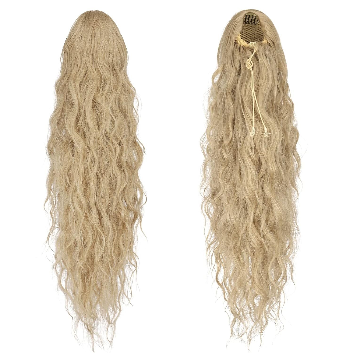 FESHFEN Długa Doczepka Kucykowa, Kręcona, 65 cm, Popielaty Blond