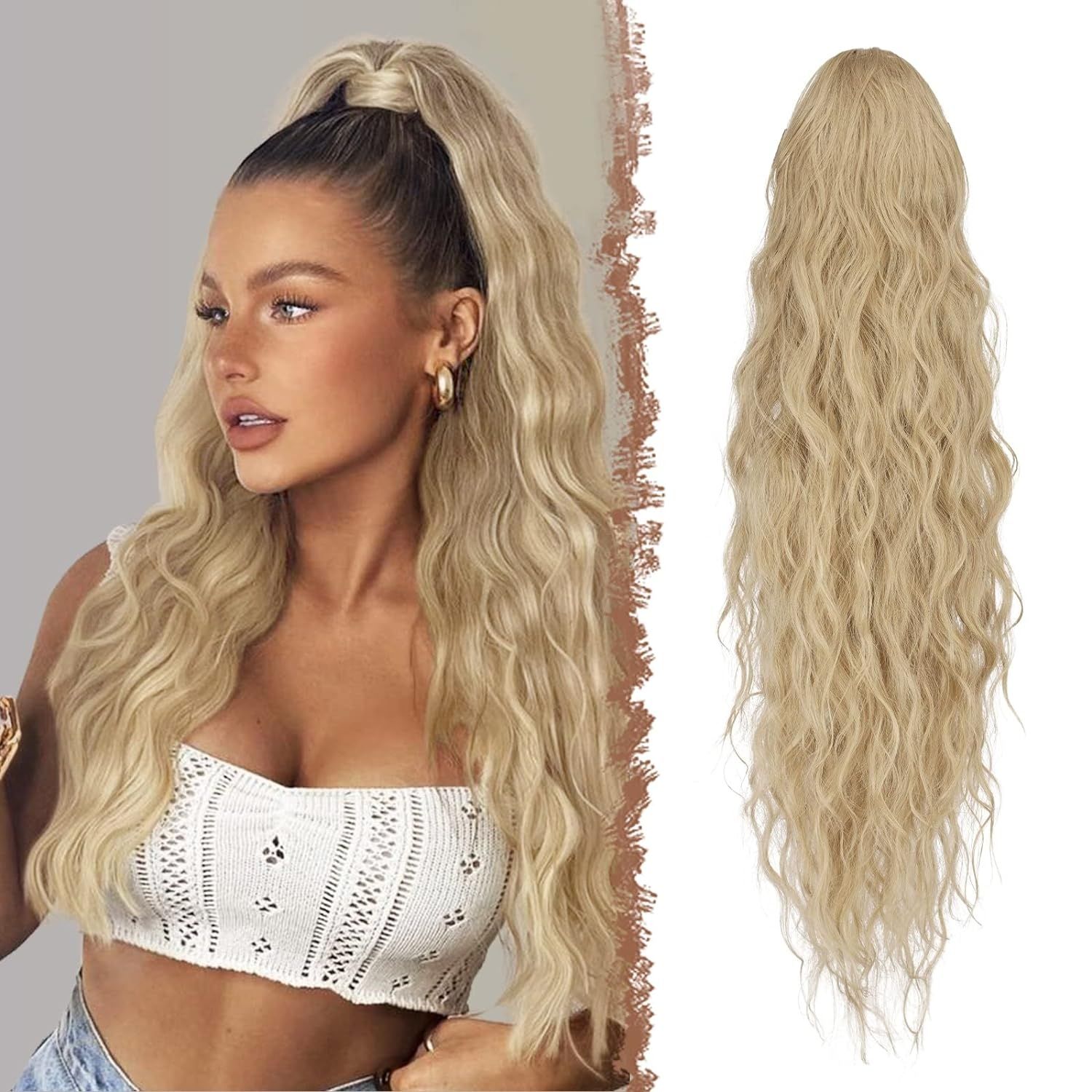 FESHFEN Długa Doczepka Kucykowa, Kręcona, 65 cm, Popielaty Blond