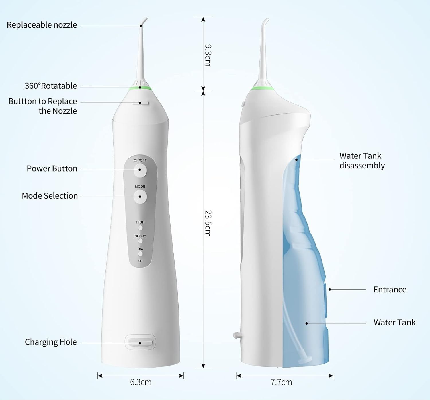 BONAI Irygator do Jamy Ustnej, 3 tryby, 6 dysz, Wodoodporny IPX7, 200 ml