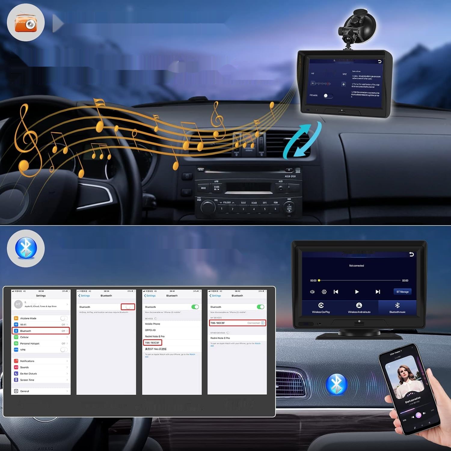 CAMECHO Carplay Bezprzewodowy Android 7&quot; LCD, DVR, kamera cofania, FM 7-32V