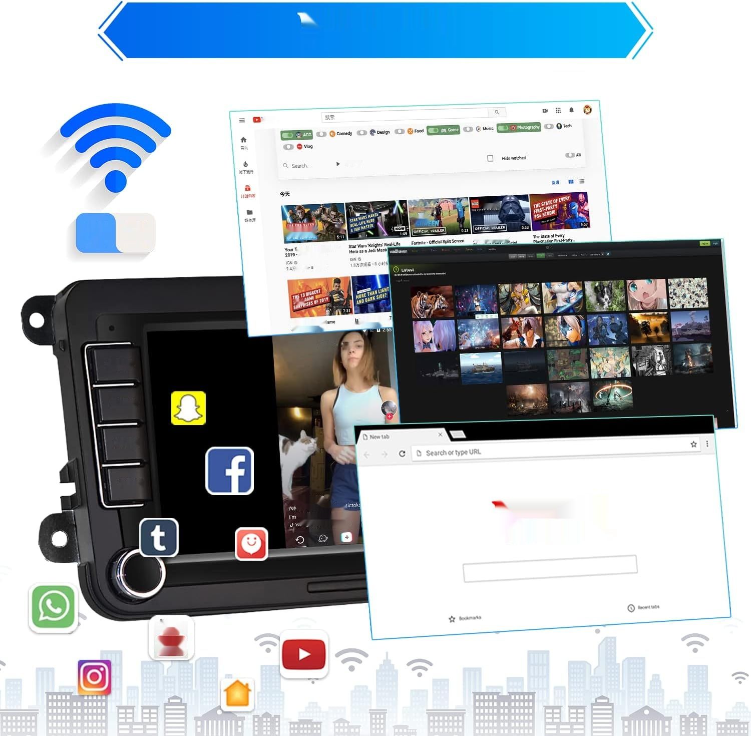 CAMECHO Radio Samochodowe VW Golf 5 6 Skoda Polo, 7&quot; Ekran, WiFi, USB