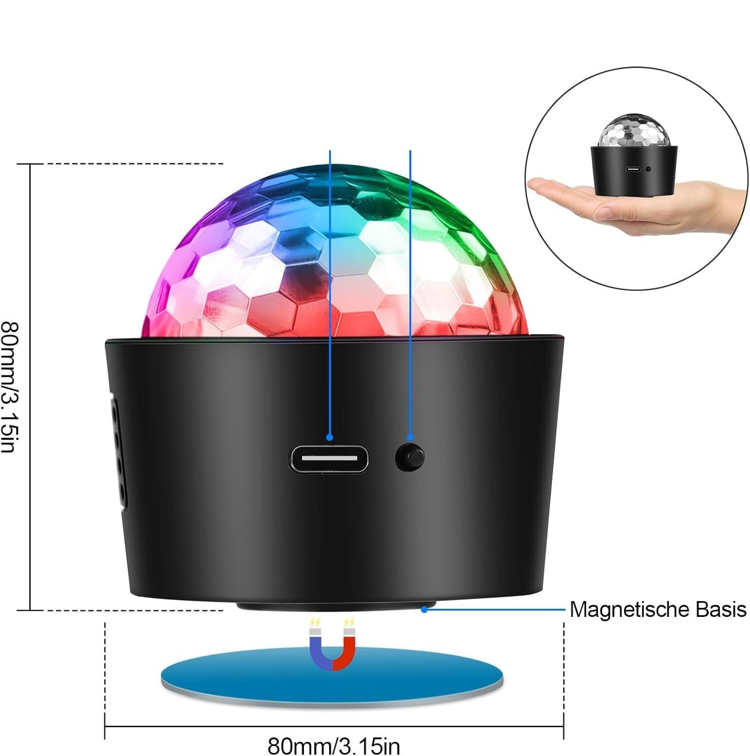 SEBRUANC Disco Light LED Sterowane Muzyką, 380 mAh USB Typu C DJ Kula