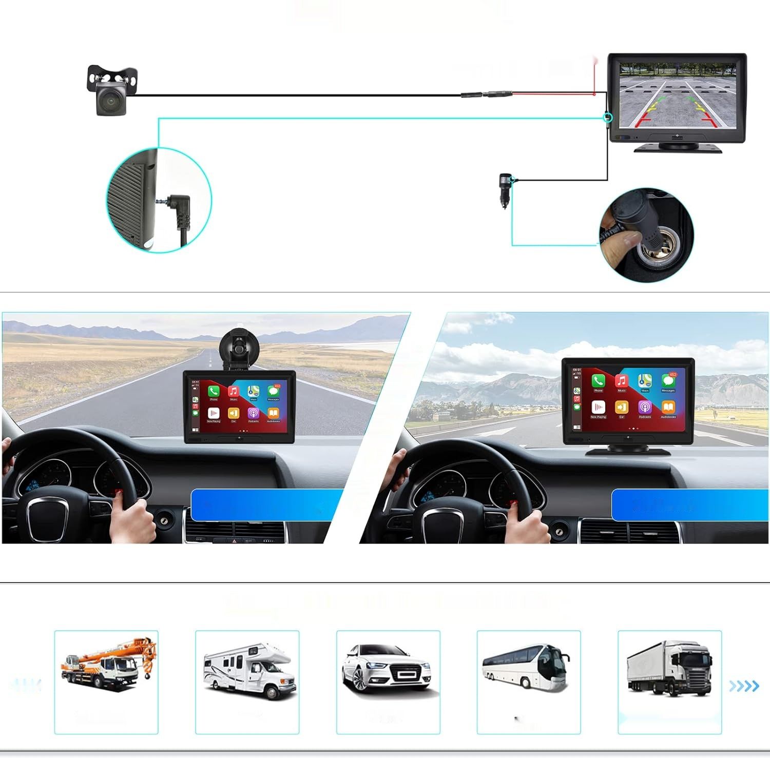 CAMECHO Carplay Bezprzewodowy Android 7&quot; LCD, DVR, kamera cofania, FM 7-32V