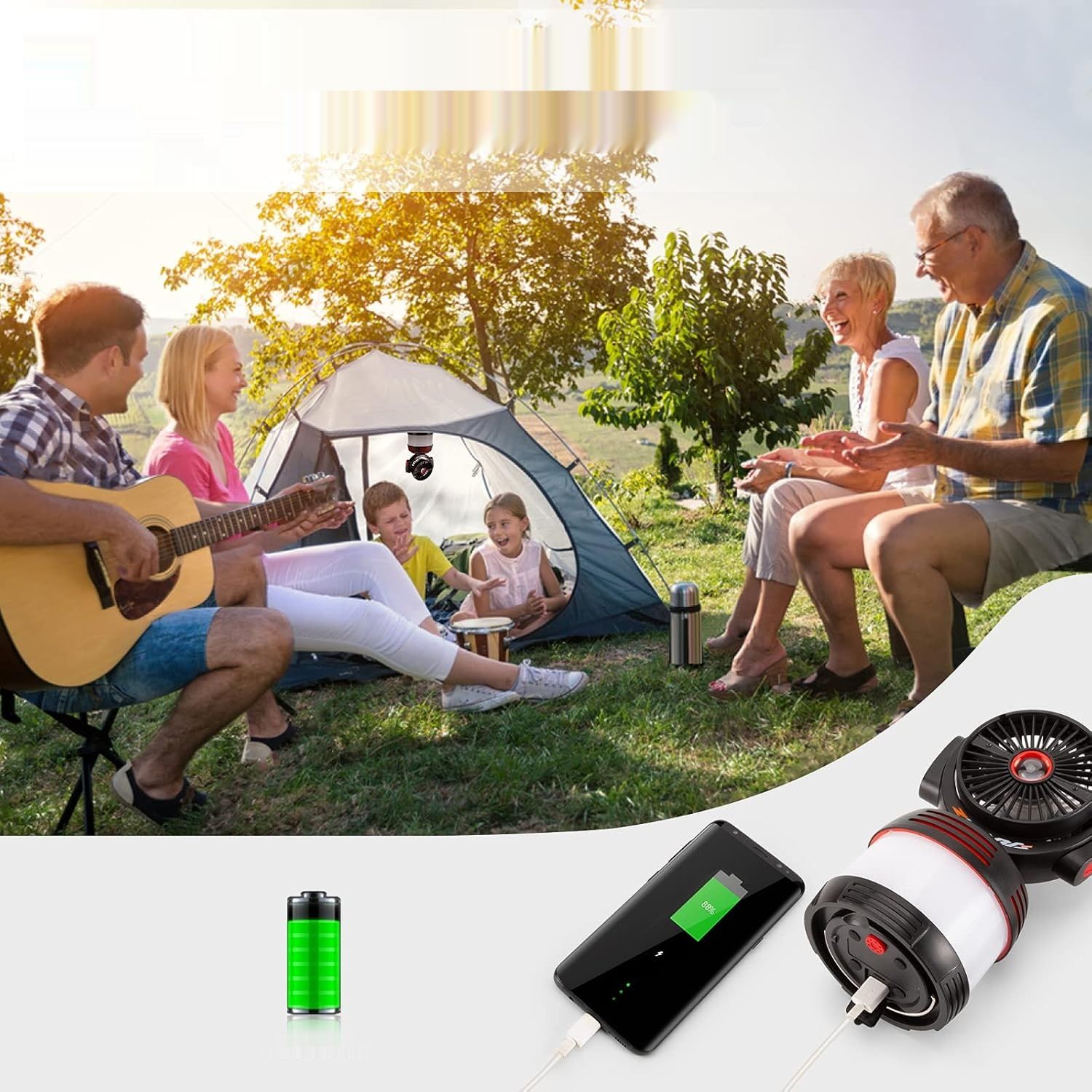 BUCASA LED lampa kempingowa 3-w-1 z power bankiem 8000 mAh i wentylatorem
