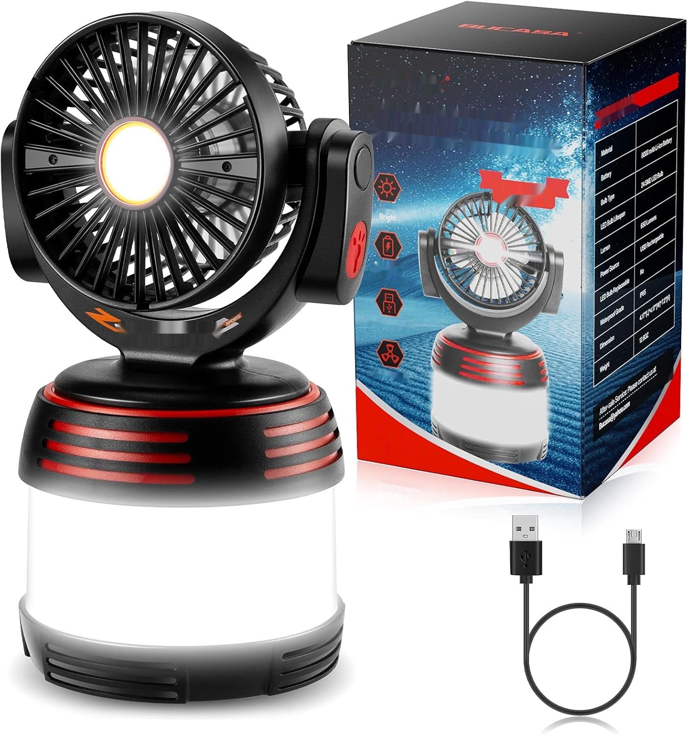 BUCASA LED lampa kempingowa 3-w-1 z power bankiem 8000 mAh i wentylatorem