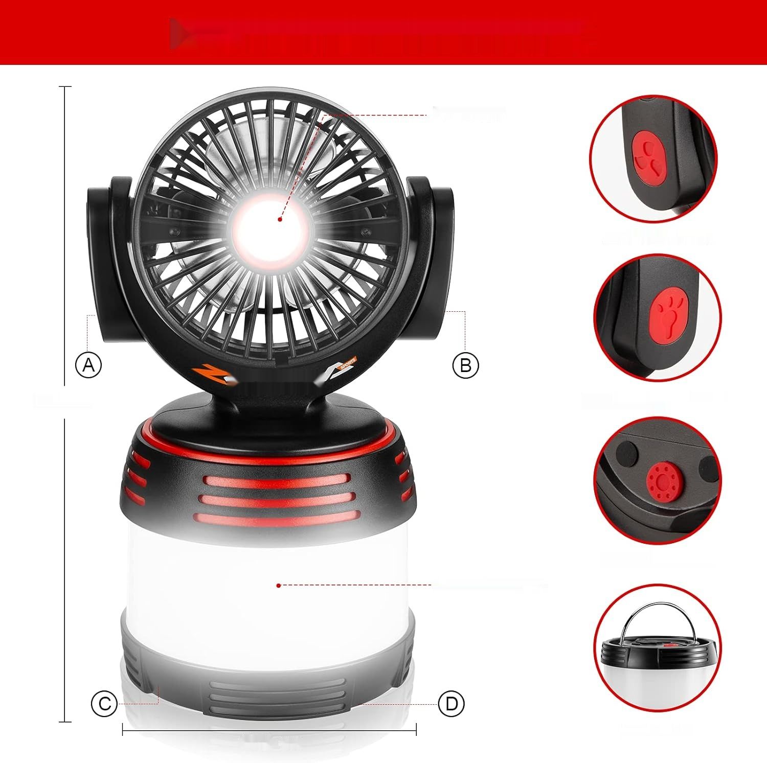 BUCASA LED lampa kempingowa 3-w-1 z power bankiem 8000 mAh i wentylatorem