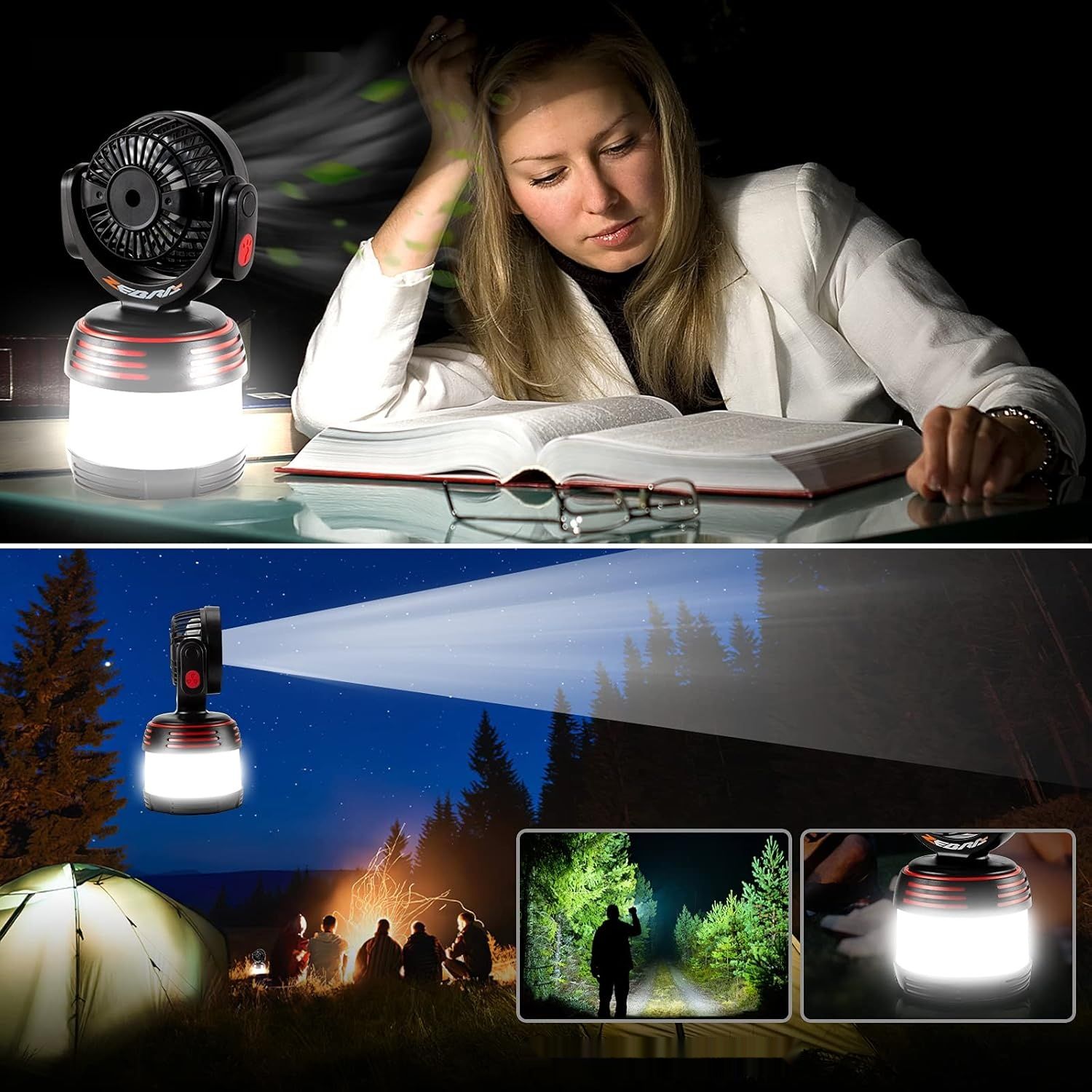 BUCASA LED lampa kempingowa 3-w-1 z power bankiem 8000 mAh i wentylatorem