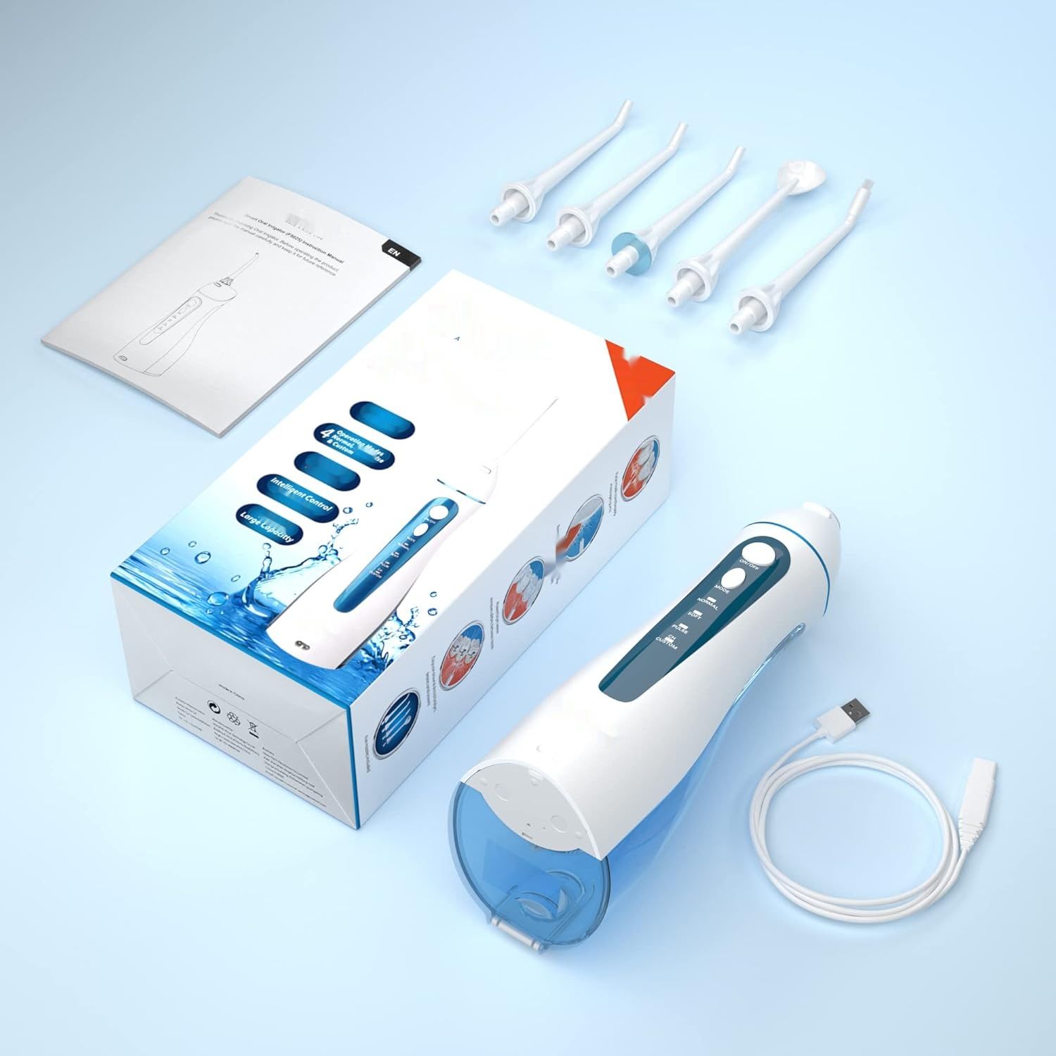 Przenośny irygator doustny IPX7, 5 dysz, 4 tryby, USB, 21 dni, 200 ml.