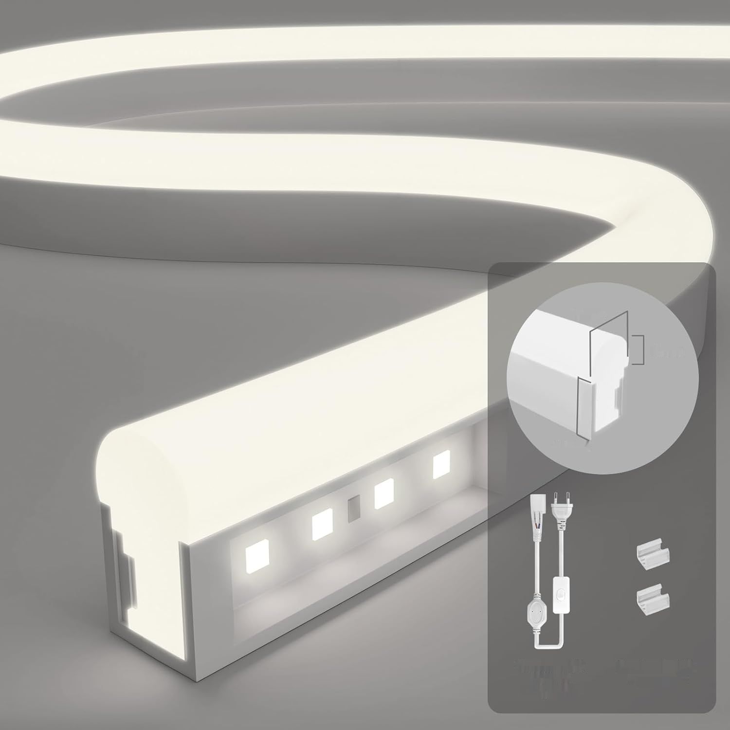 KSIBNW Neonowa taśma LED 230V, 4000K, 2m, IP65, zasilacz, kontroler.