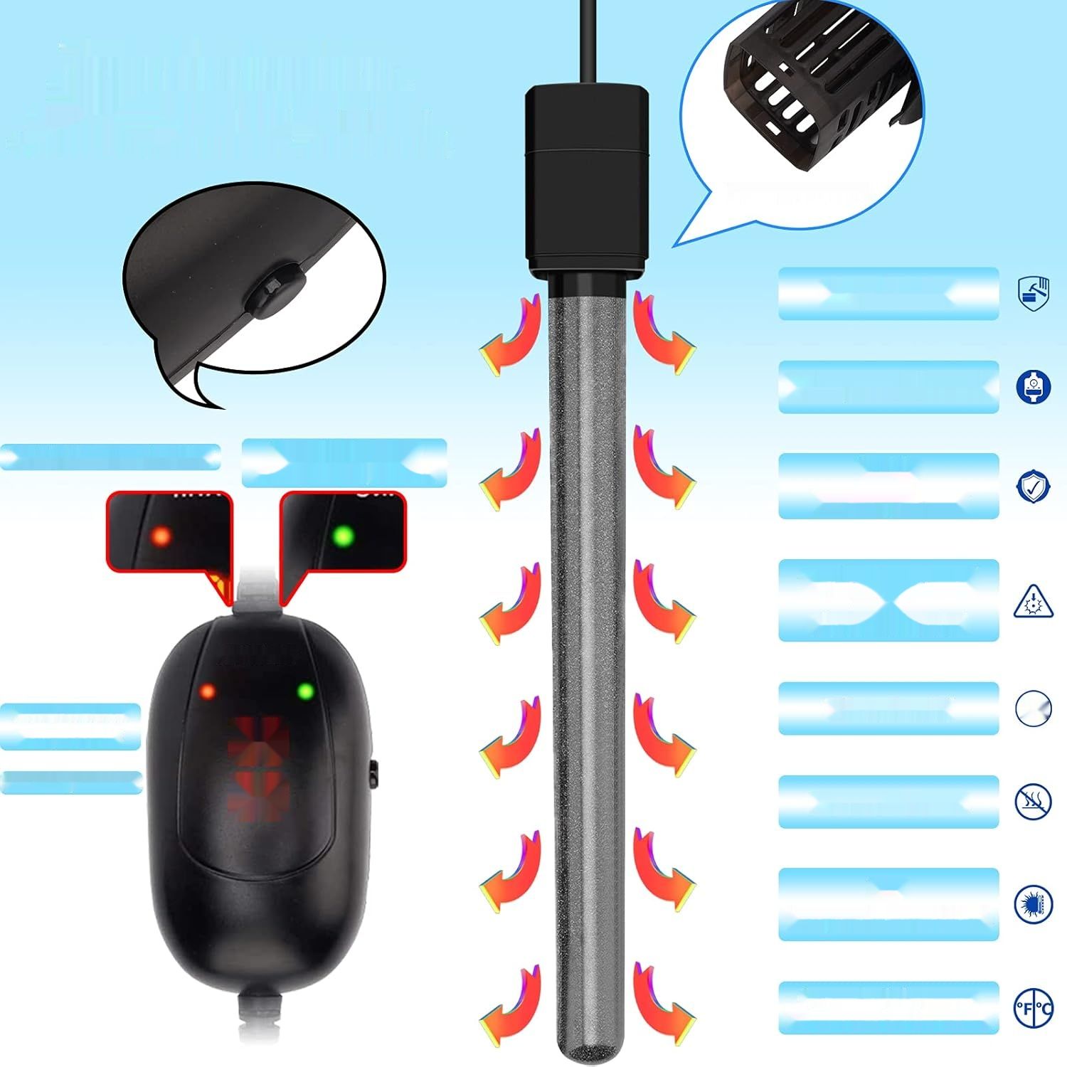 HiTauing Aquarium Heater 50W, 100W, 300W, 500W, ochrona przed przegrzaniem.
