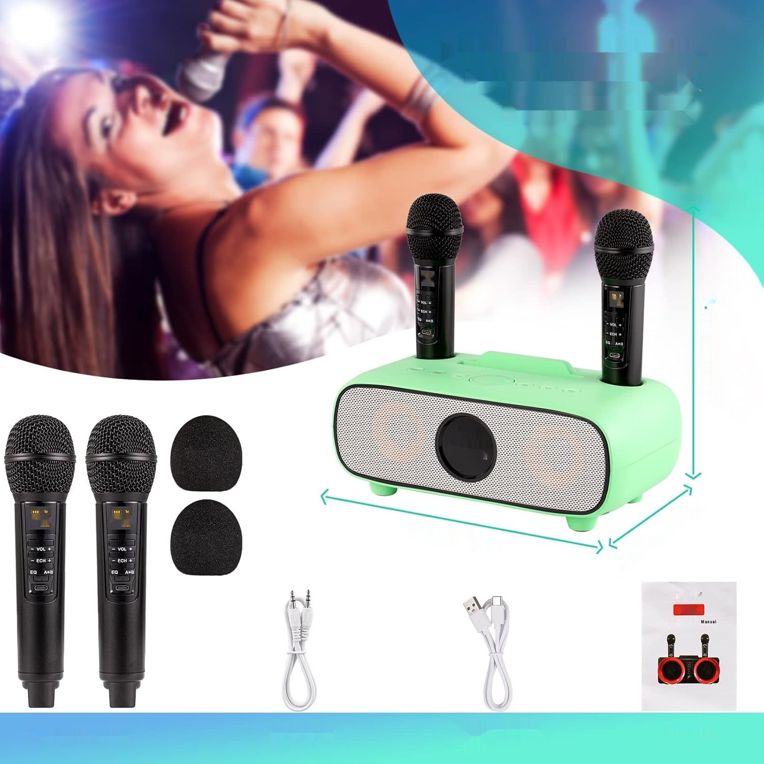 Maszyna Karaoke, Bluetooth Zestaw Karaoke z 2 Mikrofonami (zielony)