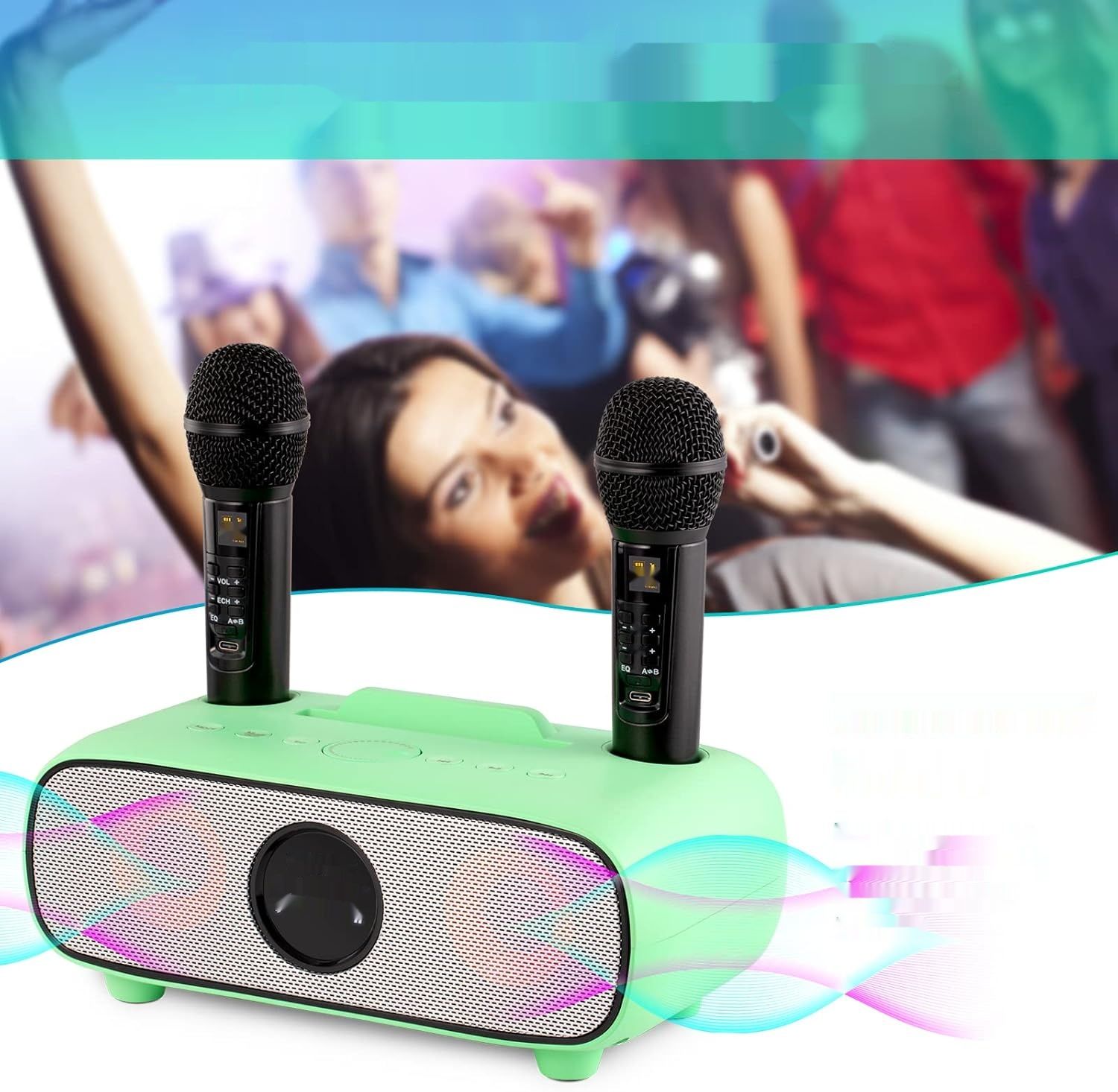 Maszyna Karaoke, Bluetooth Zestaw Karaoke z 2 Mikrofonami (zielony)