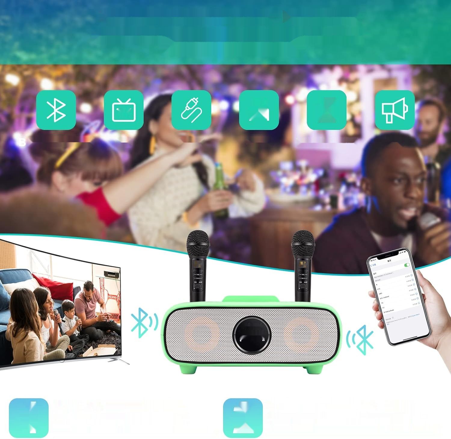 Maszyna Karaoke, Bluetooth Zestaw Karaoke z 2 Mikrofonami (zielony)