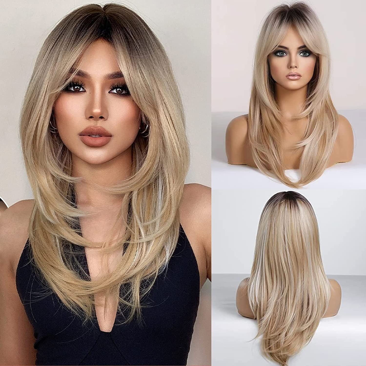 EMMOR Ombre Blond Peruki dla Kobiet Długie Kręcone Syntetyczne