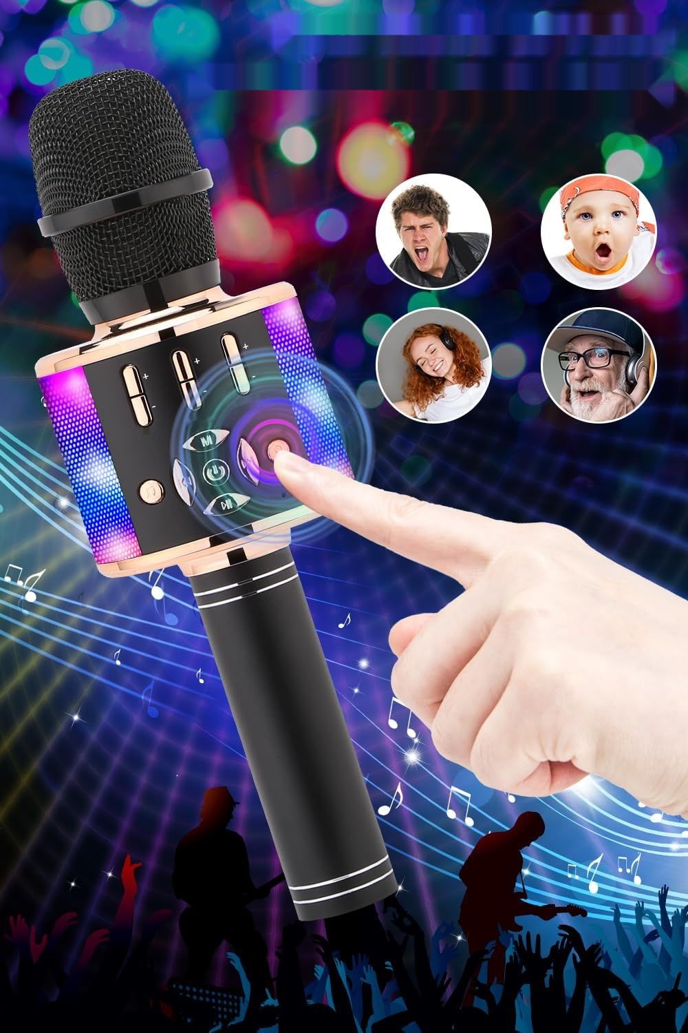 BONAOK Karaoke Mikrofon Bluetooth, 4 w 1, z Głośnikiem LED, iOS Android