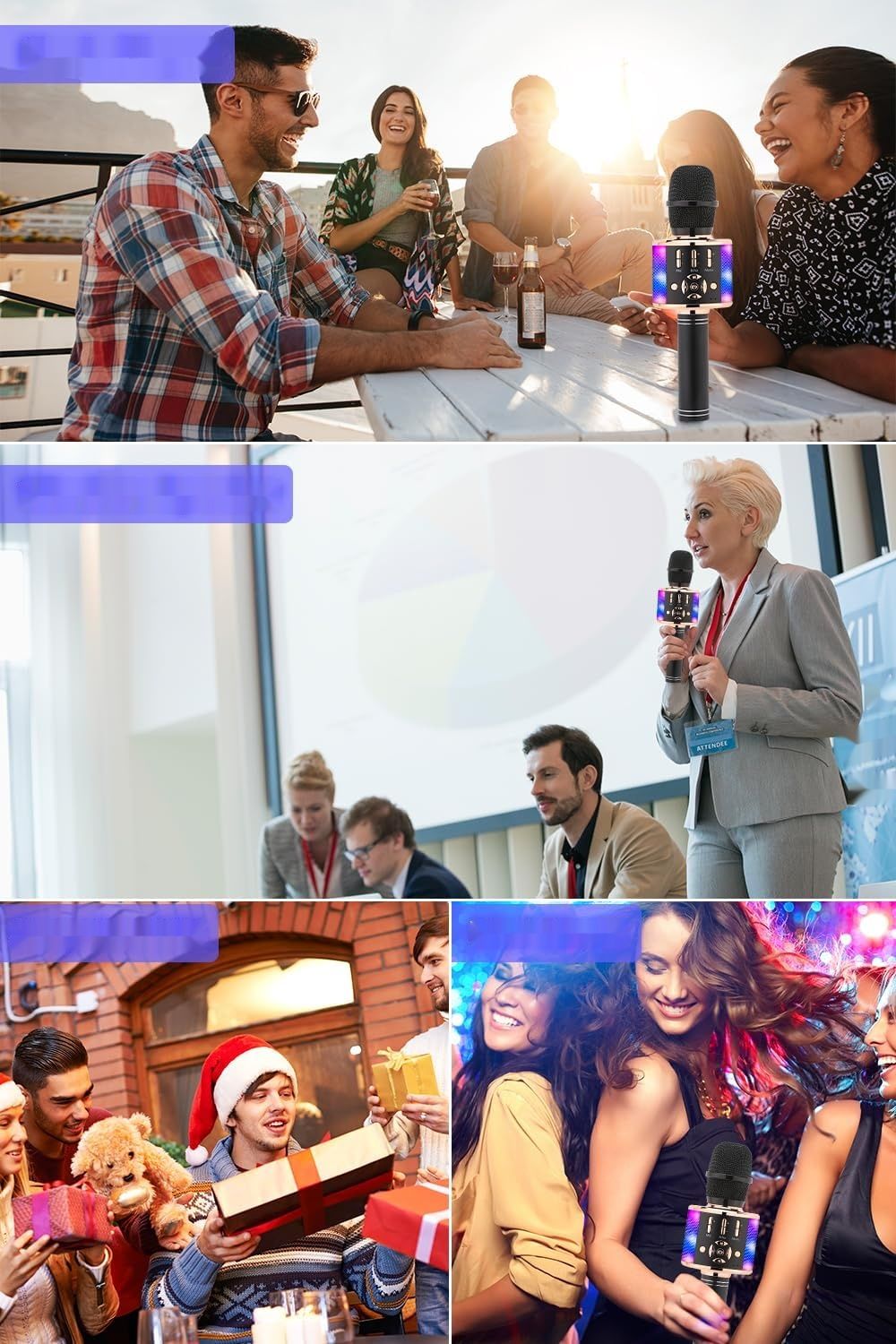 BONAOK Karaoke Mikrofon Bluetooth, 4 w 1, z Głośnikiem LED, iOS Android