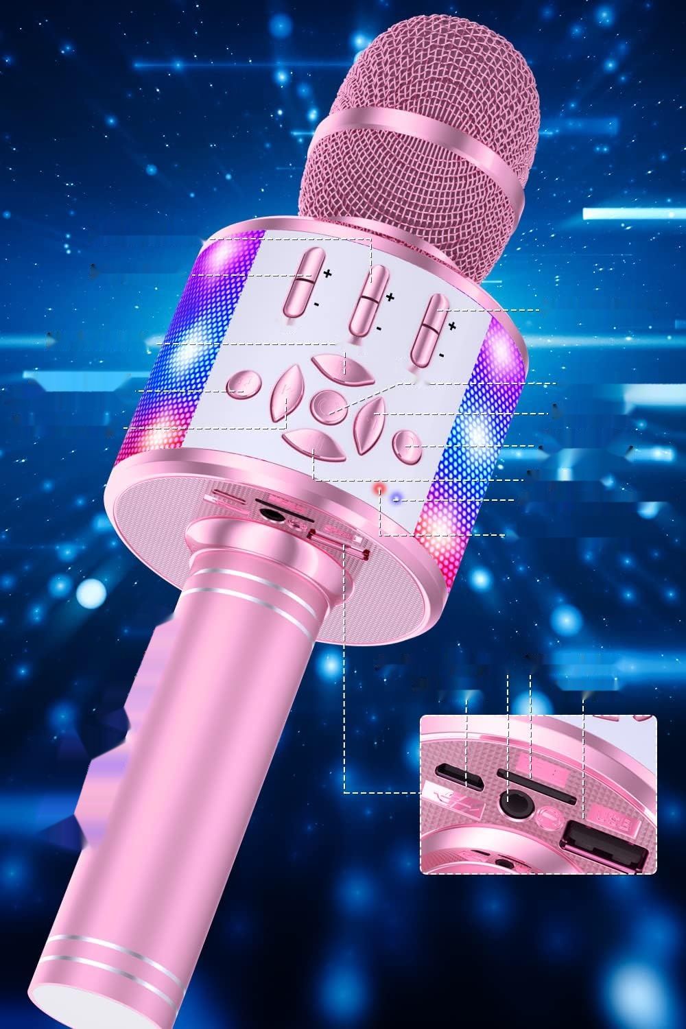 BONAOK Magic Sing Karaoke Mikrofon 4-w-1, Bluetooth, Jasnoróżowy