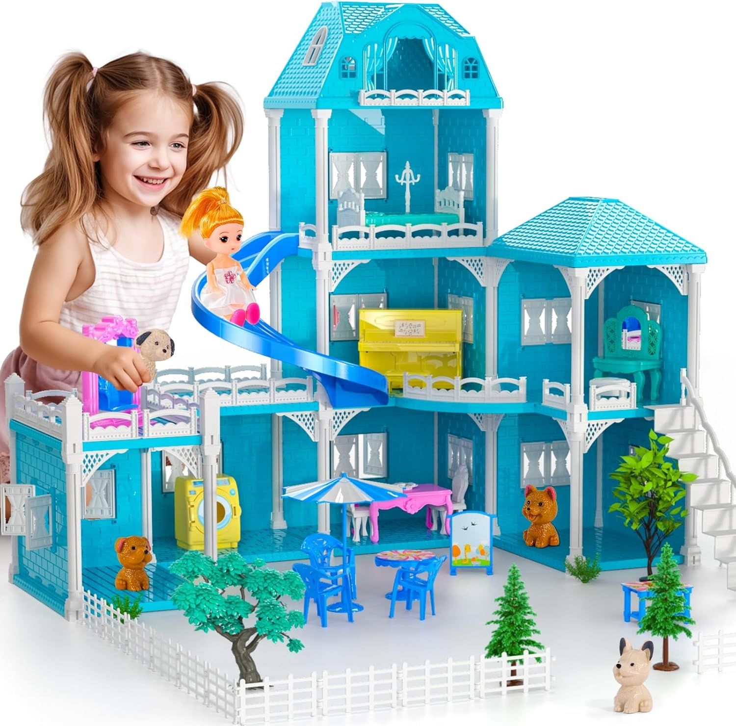 Domek Doloowee dla lalek, 3 poziomy, domek DIY z akcesoriami i lalkami