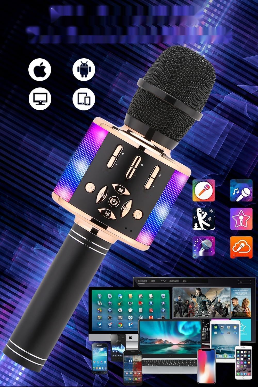 BONAOK Karaoke Mikrofon Bluetooth, 4 w 1, z Głośnikiem LED, iOS Android