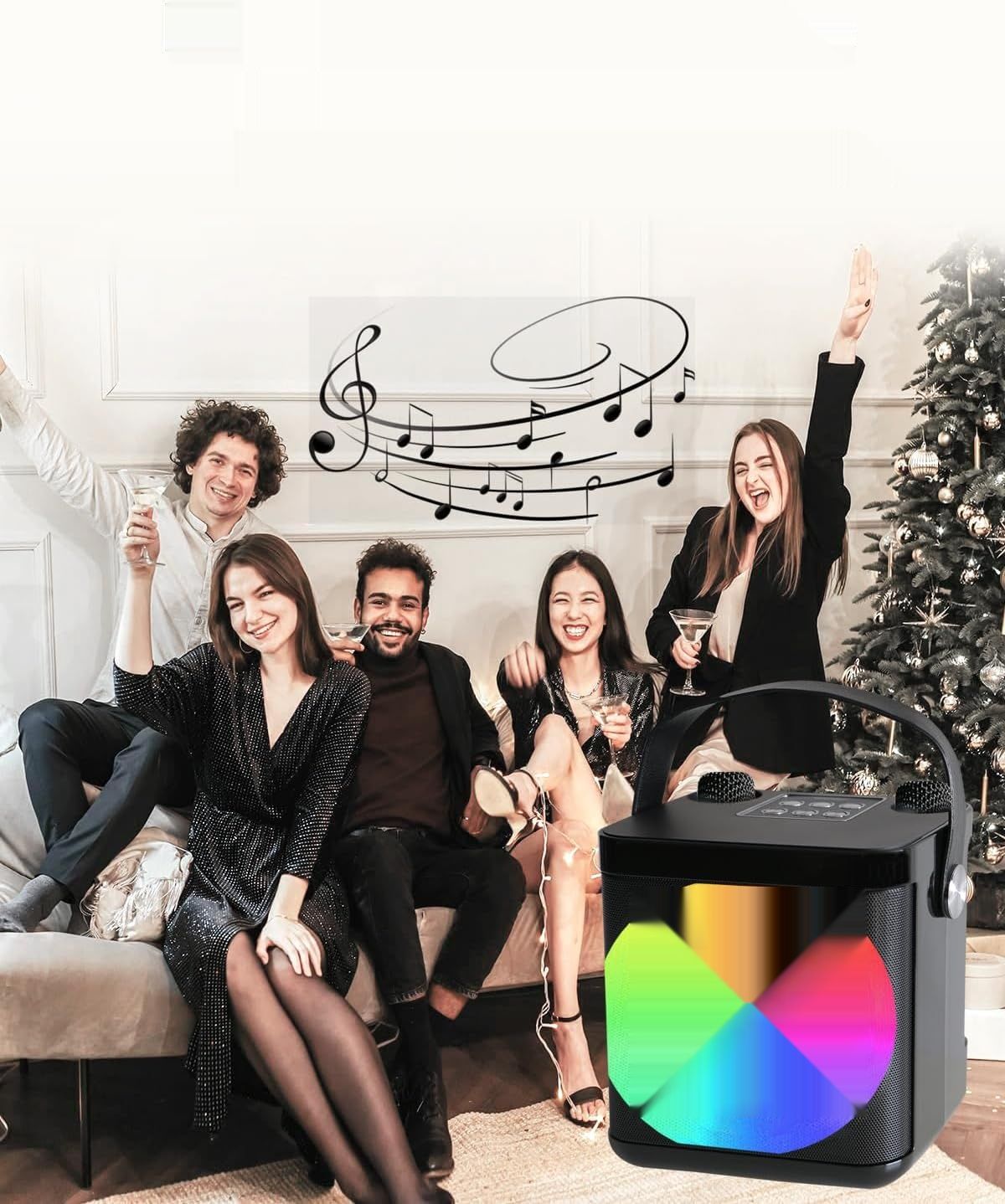 Maszyna karaoke z 2 mikrofonami Bluetooth, zmiana głosu, lampki LED.