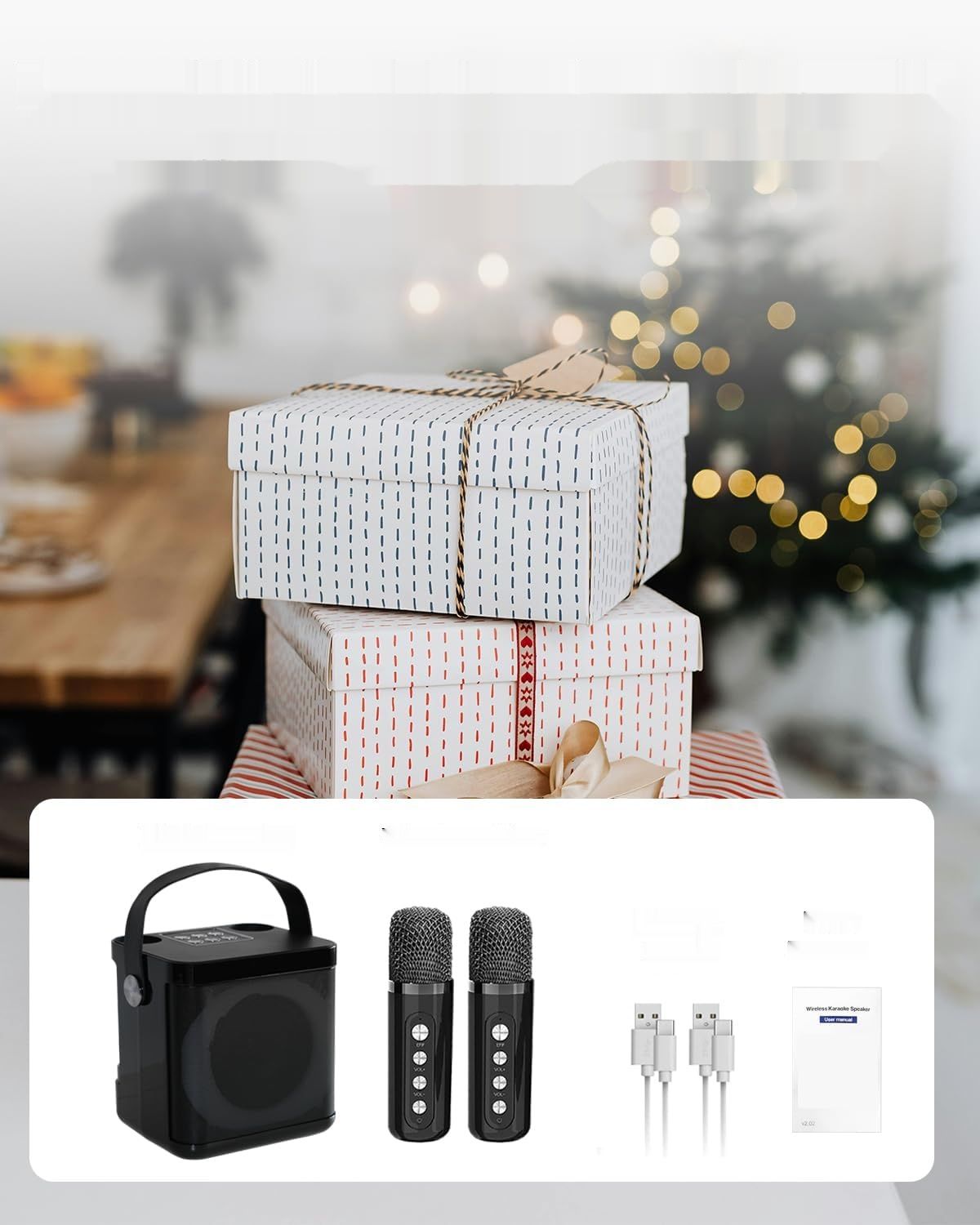 Maszyna karaoke z 2 mikrofonami Bluetooth, zmiana głosu, lampki LED.