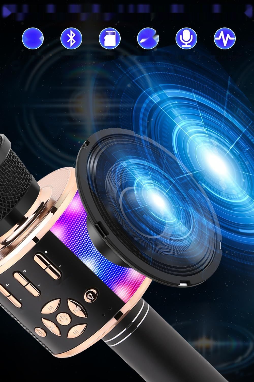 BONAOK Karaoke Mikrofon Bluetooth, 4 w 1, z Głośnikiem LED, iOS Android