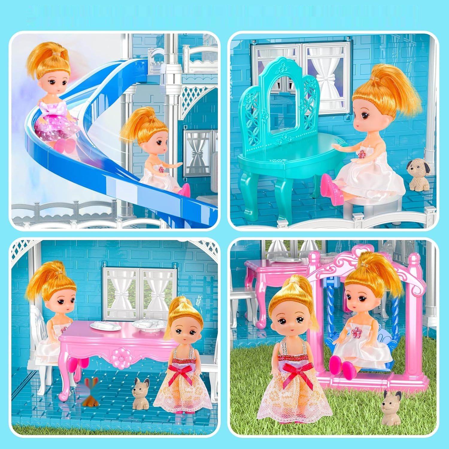 Domek Doloowee dla lalek, 3 poziomy, domek DIY z akcesoriami i lalkami