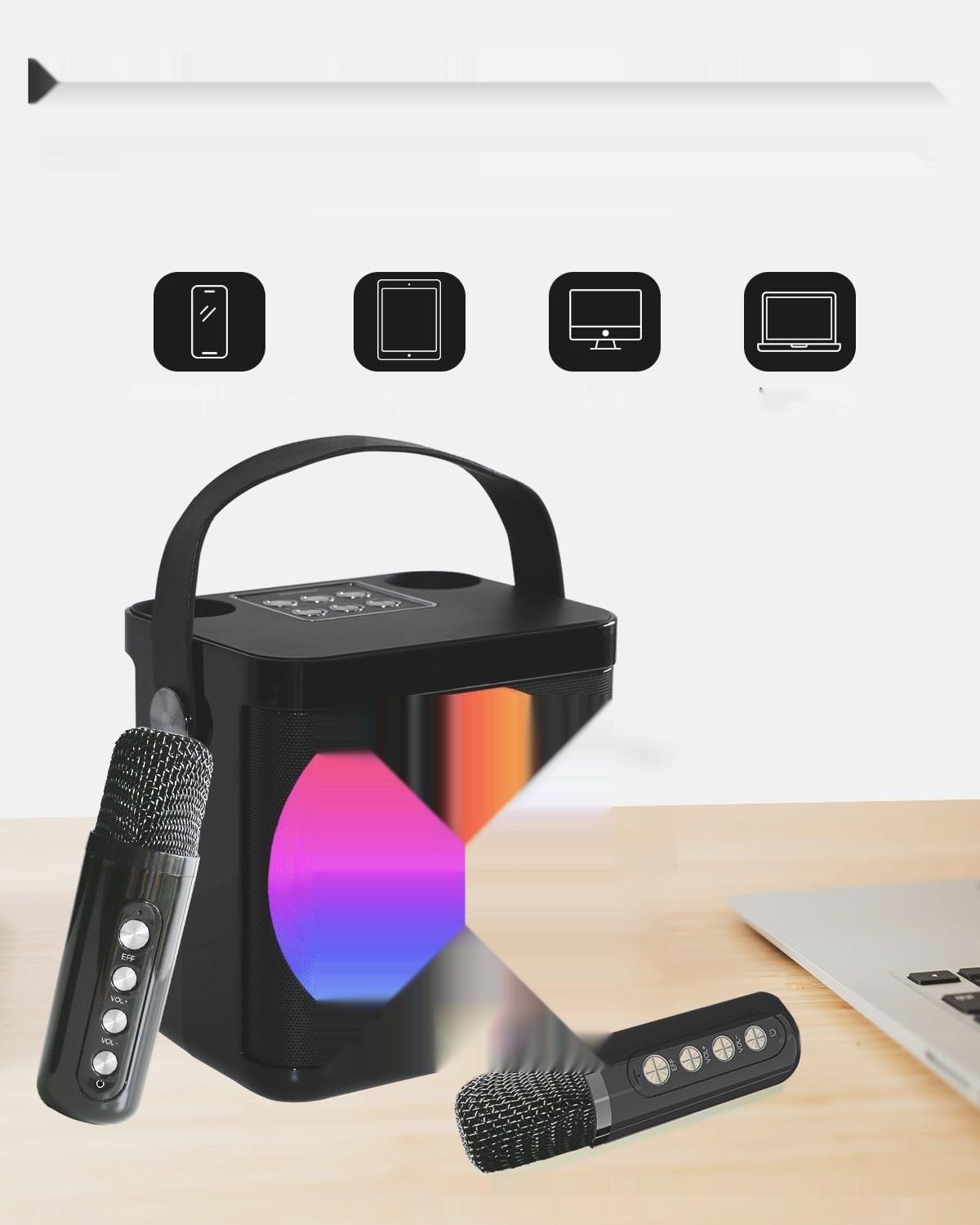 Maszyna karaoke z 2 mikrofonami Bluetooth, zmiana głosu, lampki LED.
