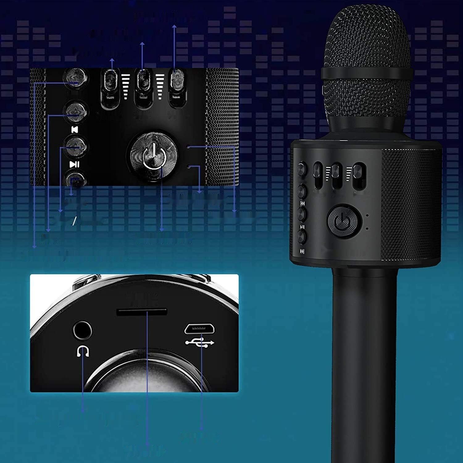 BONAOK Bluetooth Karaoke Mikrofon 3 w 1 dla iPhone/Android/PC (Czarny)