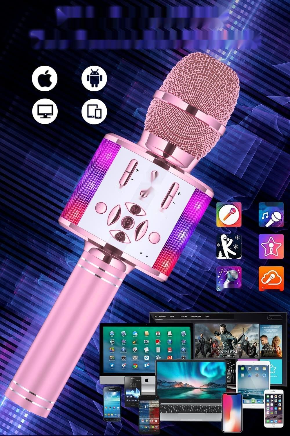 BONAOK Magic Sing Karaoke Mikrofon 4-w-1, Bluetooth, Jasnoróżowy