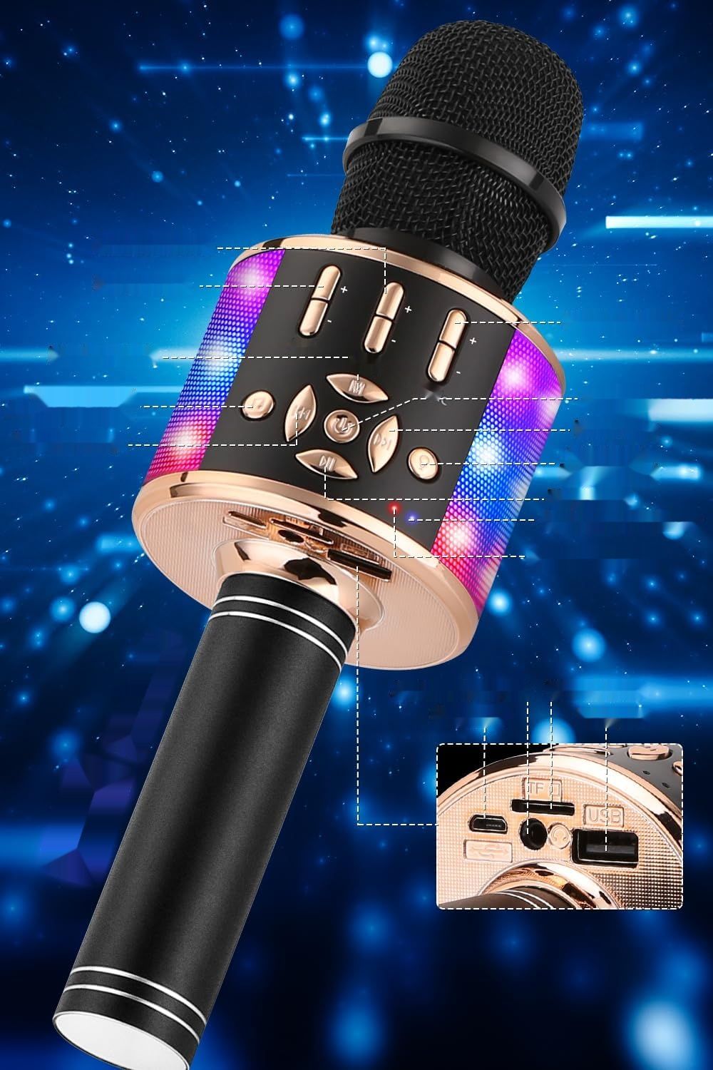 BONAOK Karaoke Mikrofon Bluetooth, 4 w 1, z Głośnikiem LED, iOS Android