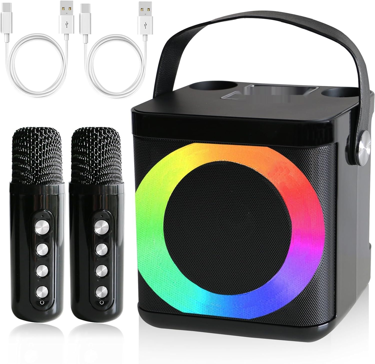 Maszyna karaoke z 2 mikrofonami Bluetooth, zmiana głosu, lampki LED.