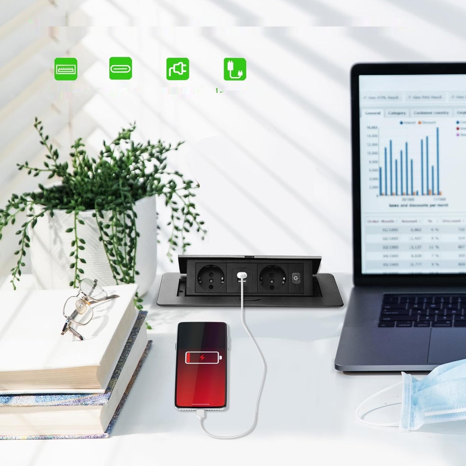 Gniazdko Pop Up do zabudowy, z USB 3.0 Typ C, 20W, szybkie ładowanie.