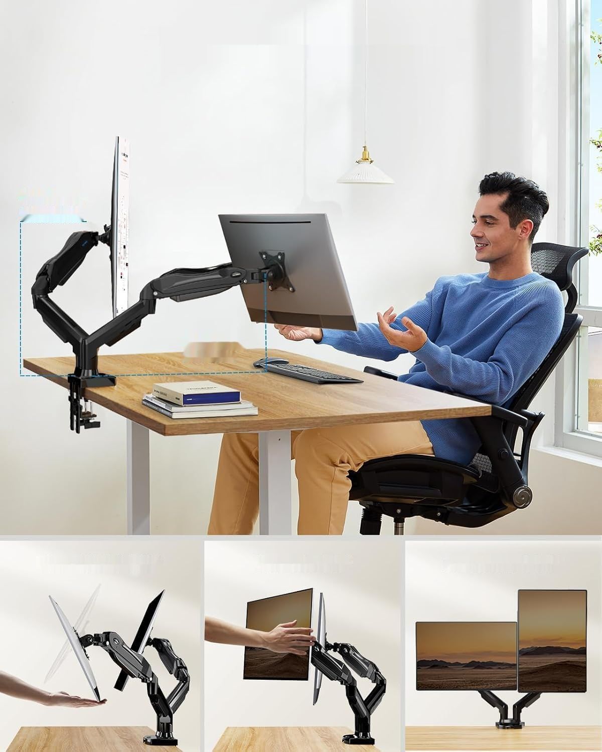 HUANUO Uchwyt na 2 Monitory 13-30&quot;, Ramię Gazowe, Vesa 75/100, 360° Obrót