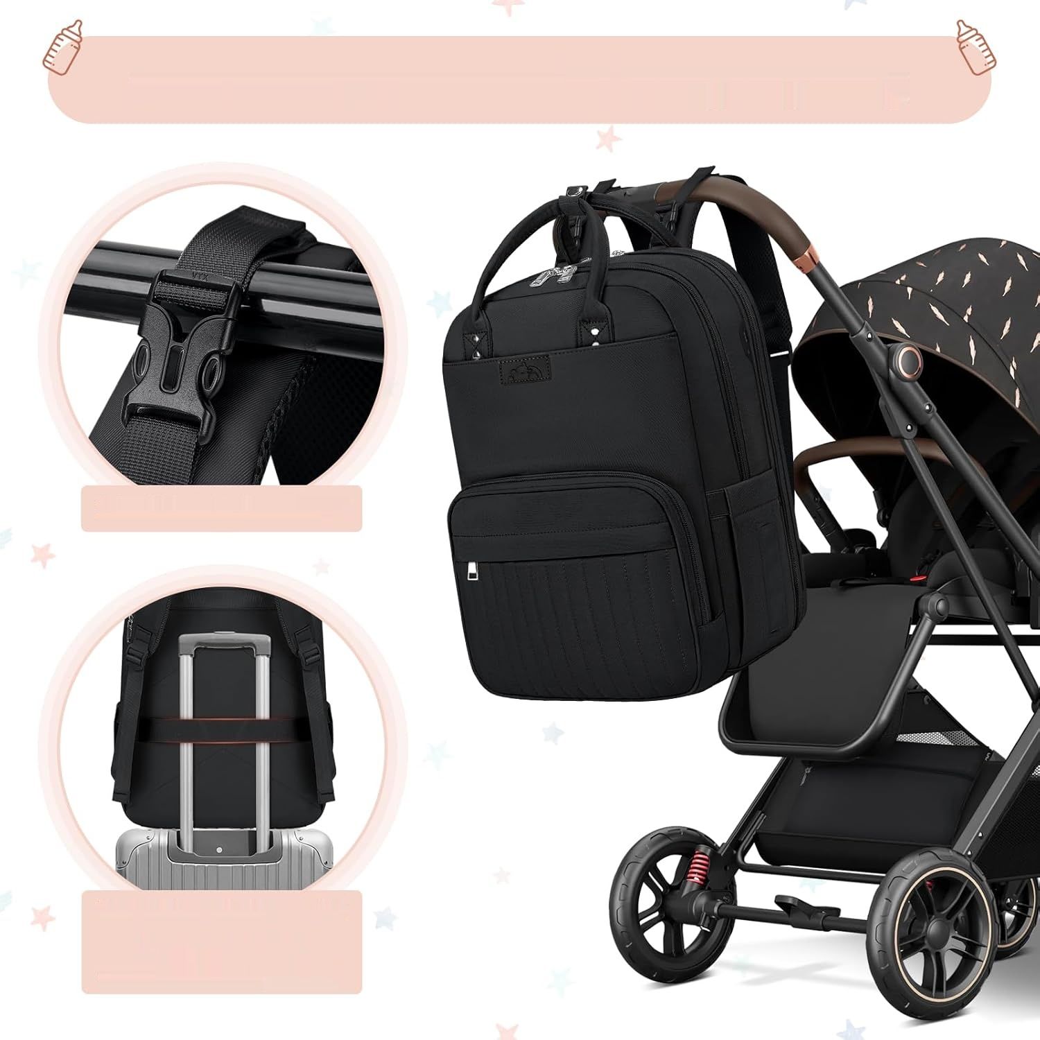 RAINSMORE Duża torba na pieluchy Plecak z matą do przewijania Unisex Czarna