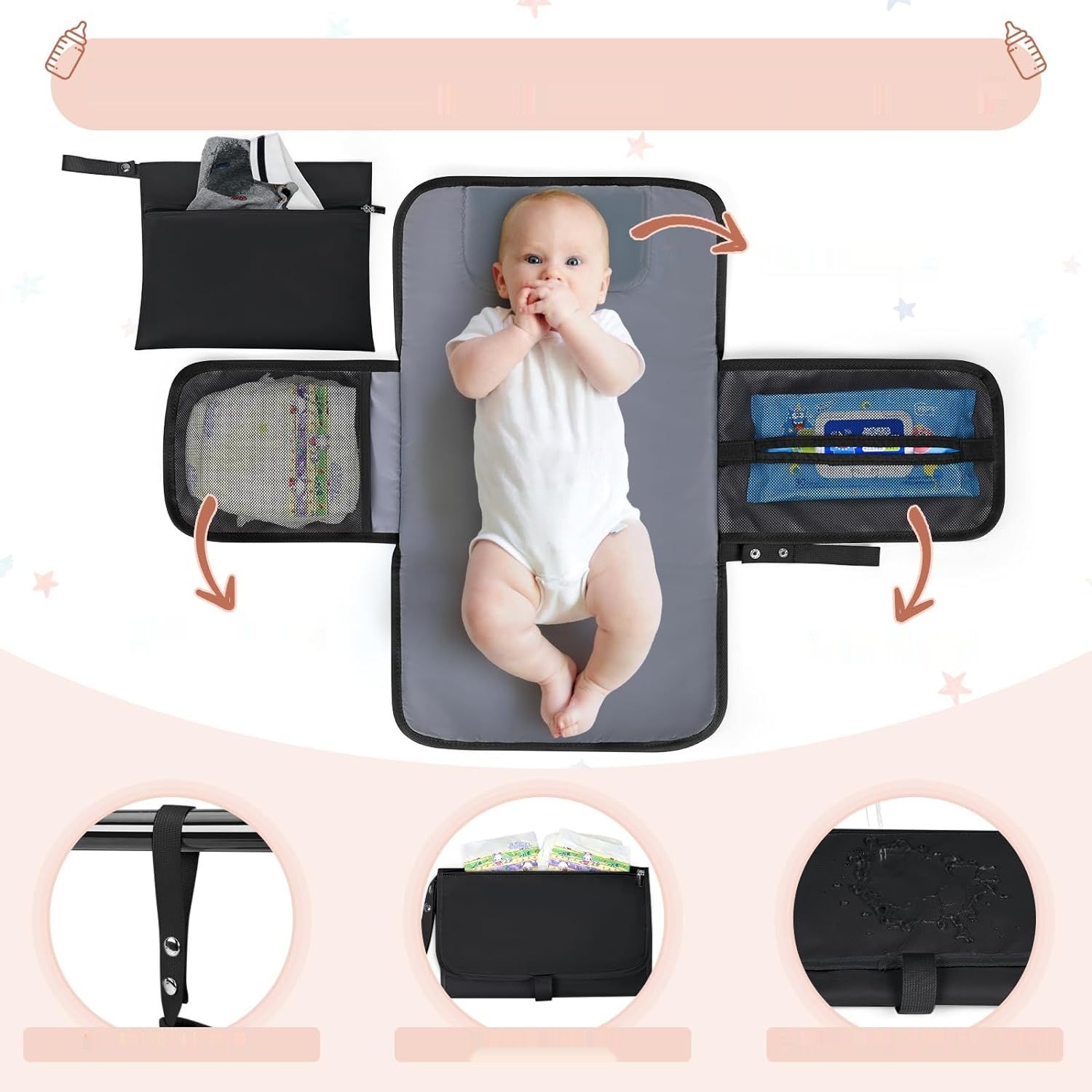 RAINSMORE Duża torba na pieluchy Plecak z matą do przewijania Unisex Czarna