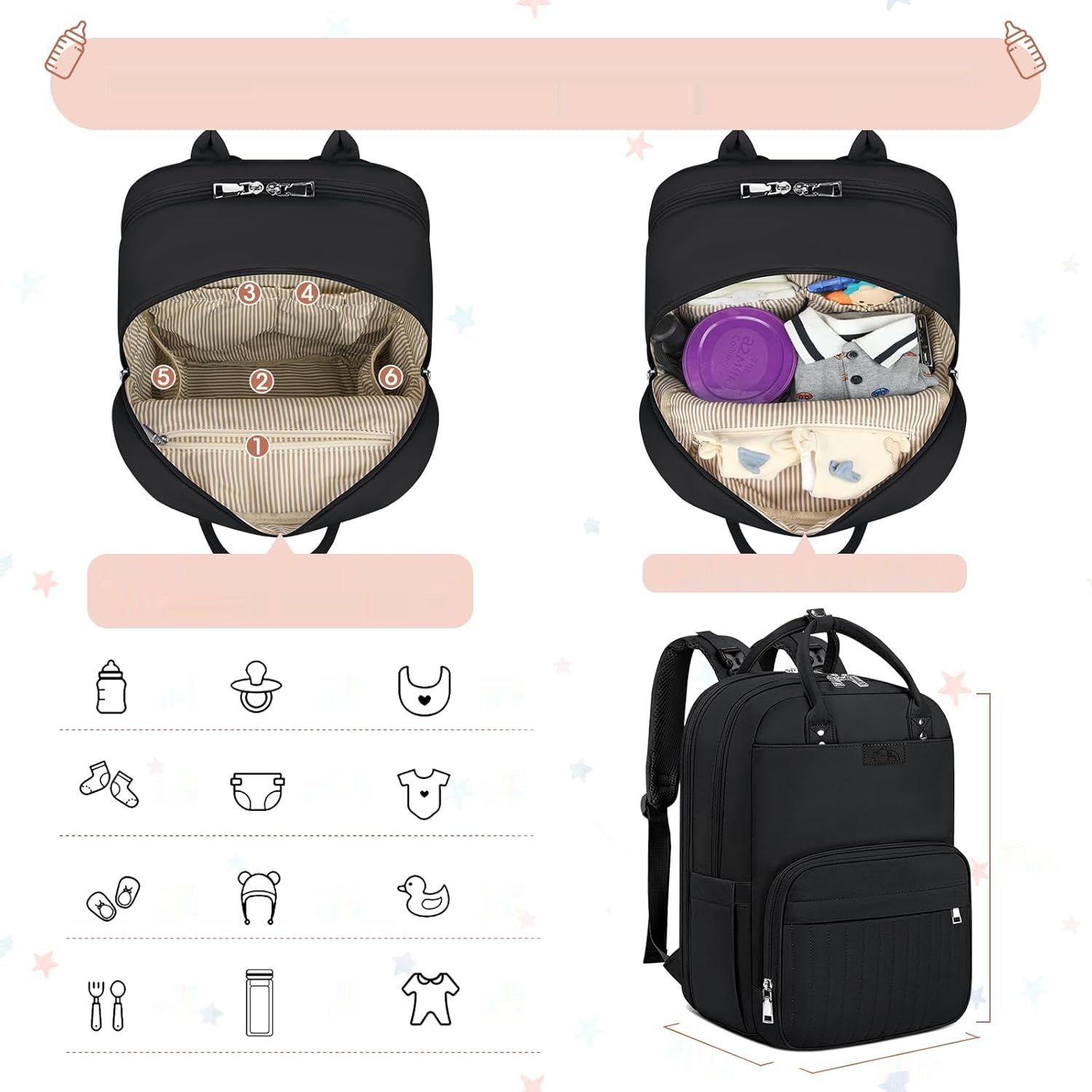 RAINSMORE Duża torba na pieluchy Plecak z matą do przewijania Unisex Czarna