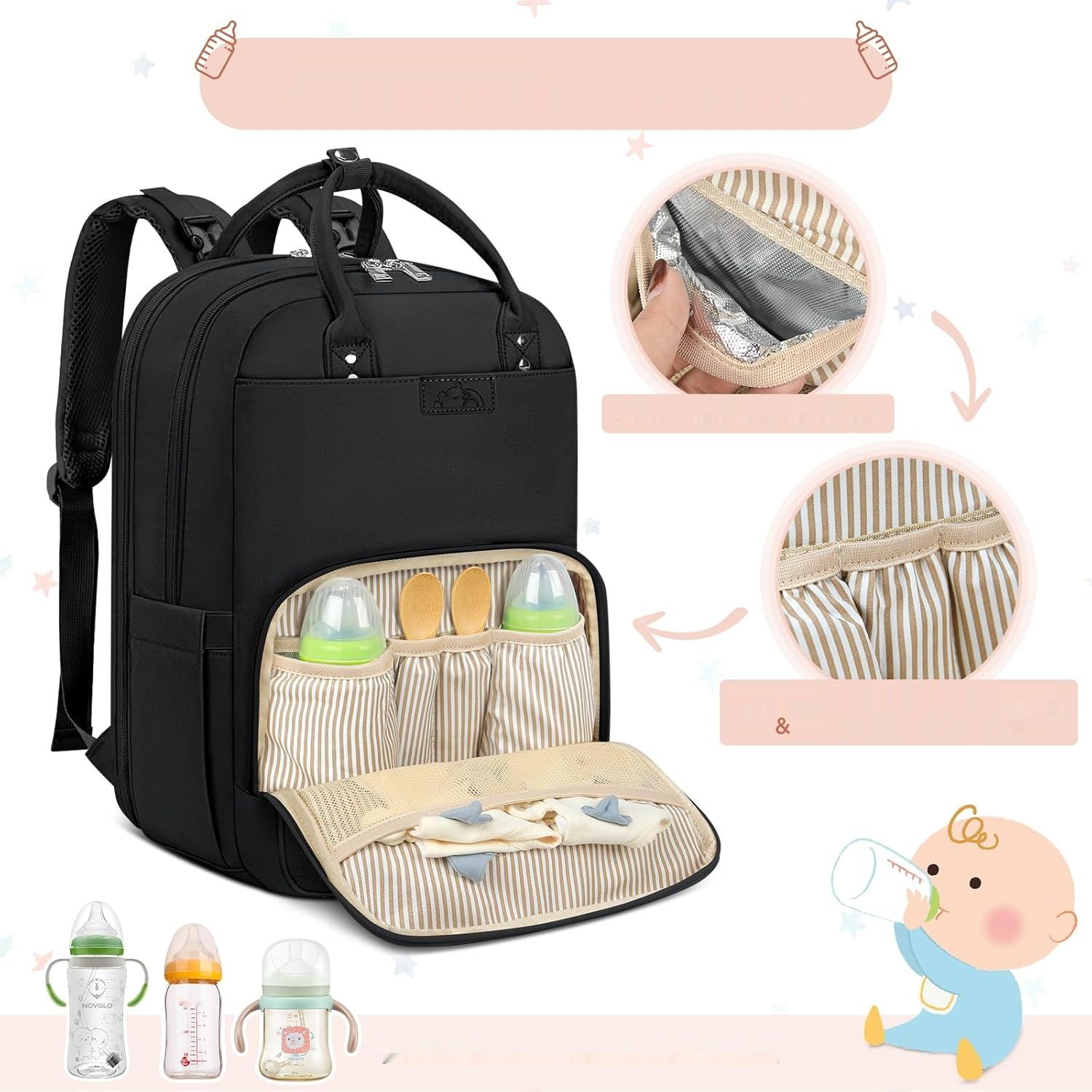 RAINSMORE Duża torba na pieluchy Plecak z matą do przewijania Unisex Czarna
