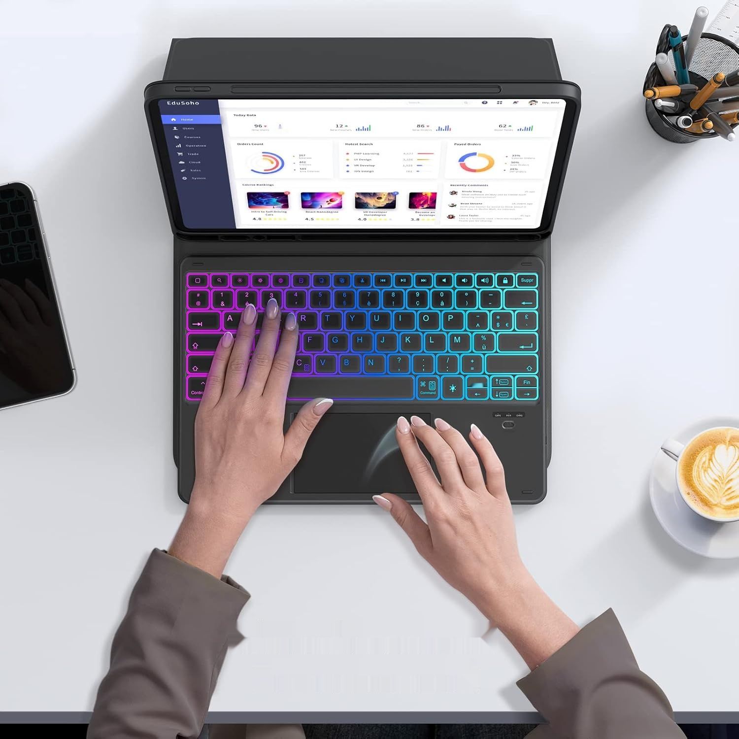 Earto Clavier iPad Pro 12.9, 7 kolorów, Touchpad, AZERTY, Czarny