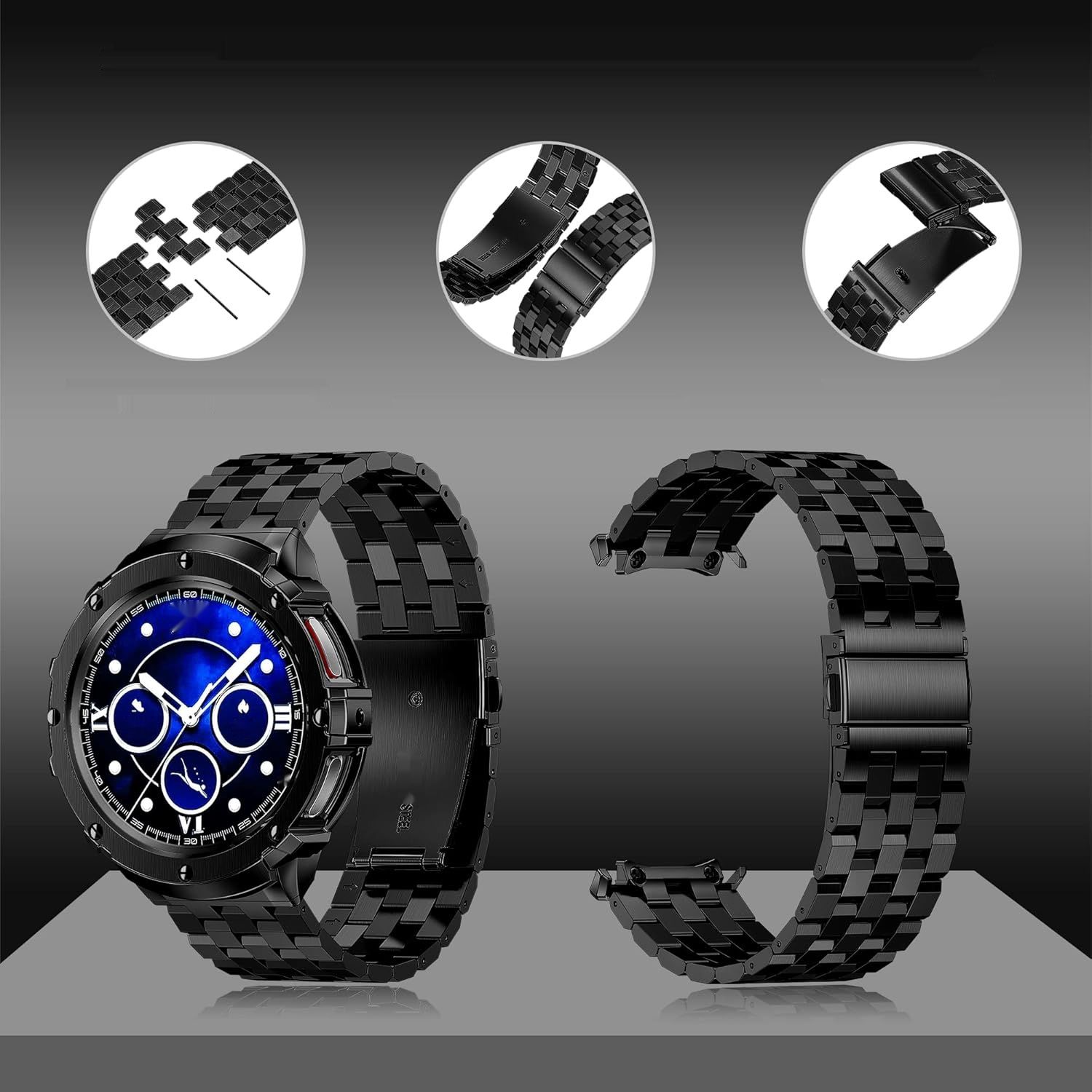 HASLFM Pasek 45mm dla Samsung Galaxy Watch 5 Pro, stal nierdzewna, czarny.